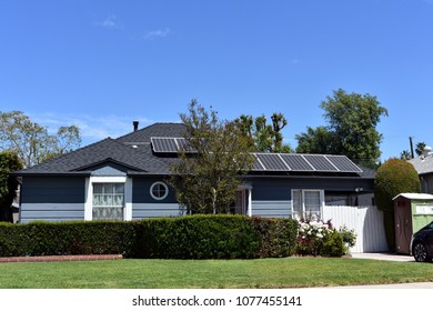   Modern House With A Lawn, Garden And Solar Panels On The Roof. North Hollywood, CA.