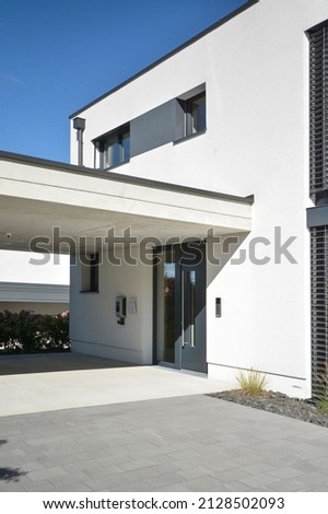 Modern house with white walls in summer sunny day, Austria, model house