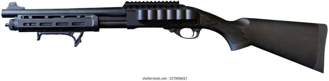 Modern Hunting Pump Action Shotgun Isolated On White Background