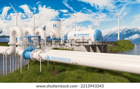 Modern hydrogen energy storage system accompaind by large solar power plant and wind turbine park in sunny summer afteroon light with blue sky and scattered clouds