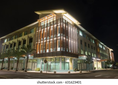 Modern Illuminated Building At Night In Camana Bay, Grand Cayman, Cayman Islands, March 2017