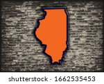 Modern illustrated 3D rendering of the State of Illinois silhouette in orange and blue shadowed on top of distressed textured dark brick wall background