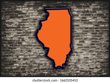 Modern illustrated 3D rendering of the State of Illinois silhouette in orange and blue shadowed on top of distressed textured dark brick wall background