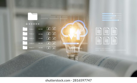 A modern image represents cloud storage and data transfer, featuring a light bulb and open book. The visual conveys innovation and integration of technology into knowledge sharing. Ledger