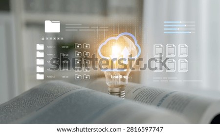 A modern image represents cloud storage and data transfer, featuring a light bulb and open book. The visual conveys innovation and integration of technology into knowledge sharing. Ledger