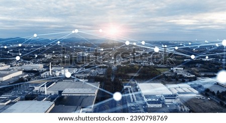 Modern industrial area aerial view and wireless communication network concept. Communication network. INDUSTRY 4.0. Factory automation.