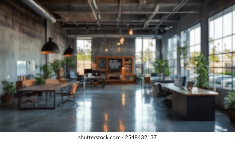 A modern industrial coworking space featuring exposed concrete walls, natural light, and vibrant greenery, creating a stylish and dynamic work environment. - Powered by Shutterstock