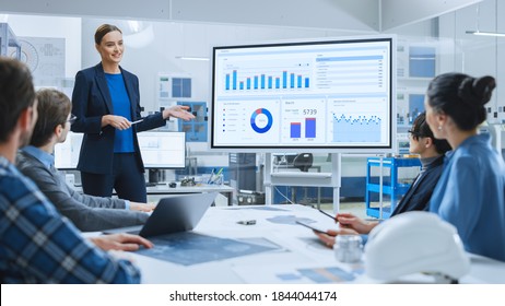 Modern Industrial Factory Meeting: Confident Female Engineer Uses Interactive Whiteboard, Makes Report to a Group of Engineers, Managers Talks and Shows Statistics, Growth and Analysis Information - Powered by Shutterstock