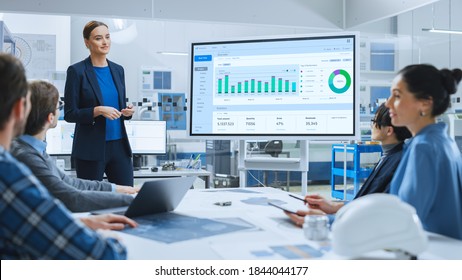 Modern Industrial Factory Meeting: Confident Female Engineer Uses Interactive Whiteboard, Makes Report to a Group of Engineers, Managers Talks and Shows Statistics, Growth and Analysis Information - Powered by Shutterstock