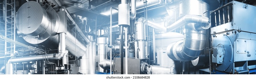 Modern industrial gas boiler room equiped for heating process with heating gas boilers, pipe lines, valves. Panoramic view, composed mixed media, collage. Blue toning.