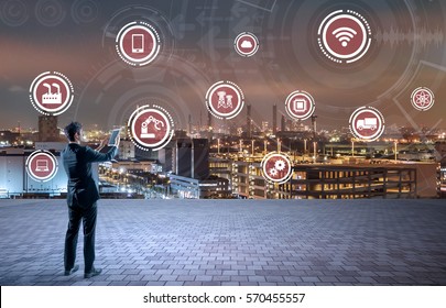 Modern Industry Buildings And Various Technological Symbol Icons, Smart Factory, Internet Of Things, Smart City, Abstract Image Visual