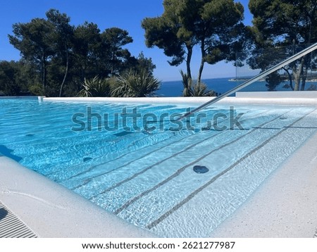 A modern infinity pool with gentle steps and a stainless steel handrail, surrounded by Mediterranean plants and pine trees. In the background, a stunning view of the deep blue sea and coastline. 