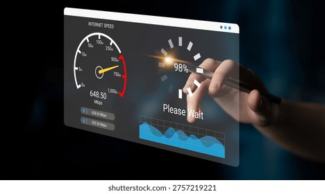 A modern interactive display showcasing an internet speed test with a loading indicator. The setup highlights digital technology, data performance, and user interaction in a sleek design. Ledger