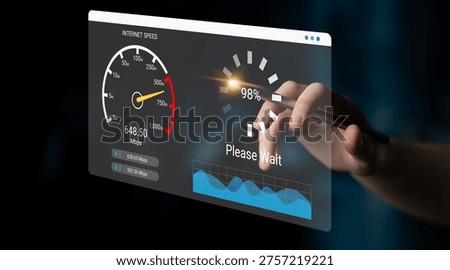 A modern interactive display showcasing an internet speed test with a loading indicator. The setup highlights digital technology, data performance, and user interaction in a sleek design. Ledger