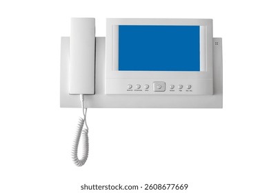 Modern intercom system with digital display isolated on white background