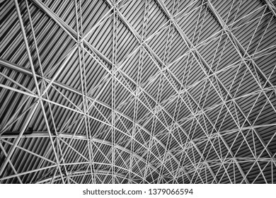 Modern Interior Architecture Of Metal Steel Roof Structure Of Airport Or Industrial Factory.