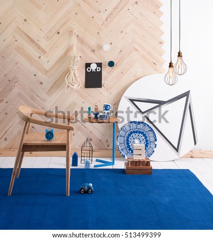 Modern Interior Blue Rug Wooden Chair Stock Photo Edit Now