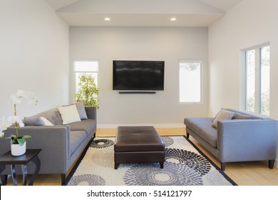 Modern interior with couch, sofa, rug, table and wall mounted TV