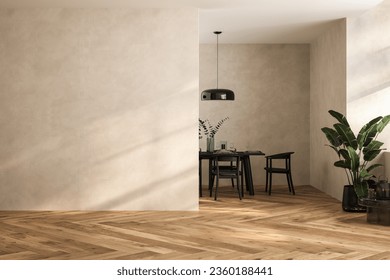 Moderno diseño interior de apartamentos, comedor con mesa y sillas, sala de estar vacía con pared beige, panorama.