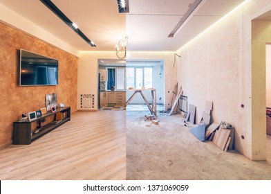 Modern Interior Design Of Big Living-kitchen Studio Room, Before And After