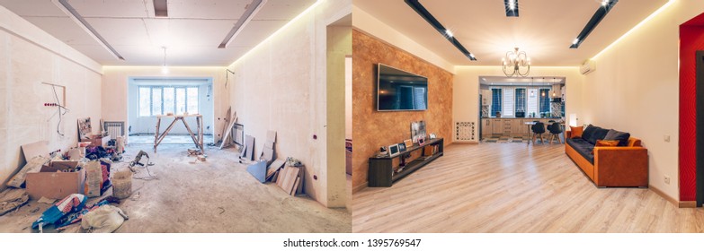 Modern Interior Design Of Big Living-kitchen Studio Room, Before And After