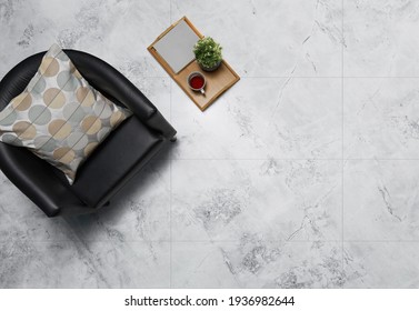 Modern Interior Design With Breakfast Tray Wood And Leather Lounge Chair And Plant.