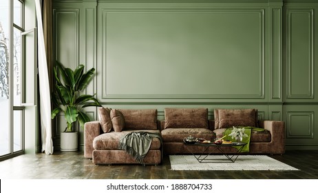 Modern interior design for home, office, interior details, upholstered furniture against the background of an olive classic wall. Pleasant light - Shutterstock ID 1888704733