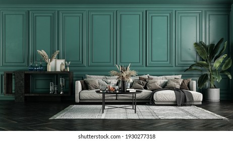 Modern Interior Design For Home, Office, Interior Details, Upholstered Furniture On The Background Of A Dark Green Classic Wall.