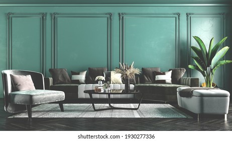 Modern Interior Design For Home, Office, Interior Details, Upholstered Furniture On The Background Of A Dark Green Classic Wall.