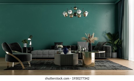 Modern interior design for home, office, interior details, upholstered furniture on the background of a dark green classic wall. - Shutterstock ID 1930277342