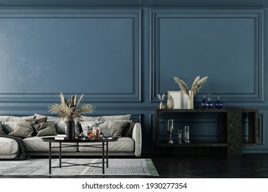 Modern Interior Design For Home, Office, Interior Details, Upholstered Furniture Against The Background Of A Dark Classic Wall.