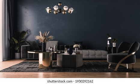 Modern interior design for home, office, interior details, upholstered furniture against the background of a dark classic wall. - Shutterstock ID 1930292162