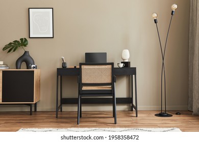 Modern Interior Design Of Home Office Space With Stylish Chair, Desk, Commode, Black Mock Up Poster Frame, Lapatop, Book, Office Supply And Elegant Presonal Accessories In Home Decor. Template.