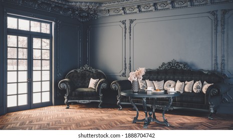 Modern Interior Design In The House, Office, Interior Details, Soft Dark Furniture Against The Background Of A Dark Classic Wall.