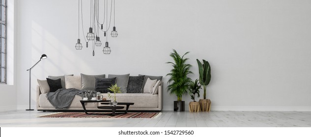 Modern interior design of a living room indoors apartment, home, office, soft sofa, fresh flowers and modern interior details on a white wall background. - Shutterstock ID 1542729560