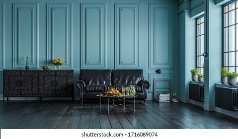 Modern Interior Design Of A Living Room In An Apartment, House, Office,  Fresh Flowers And Bright Modern Interior Details And Sunbeams From A Window Against A Background Of Dark Walls.