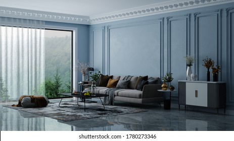 Modern Interior Design Of A Living Room In An Apartment, House, Office, Bright Modern Interior Details And The Sun's Rays From The Window Against The Background Of Dark Classic Walls.