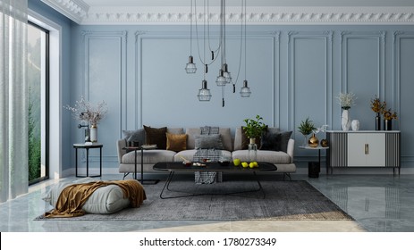 Modern interior design of a living room in an apartment, house, office, bright modern interior details and the sun's rays from the window against the background of dark classic walls. - Shutterstock ID 1780273349