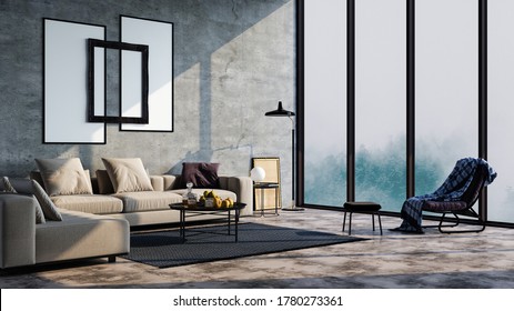 Modern interior design of a living room in an apartment, house, office, bright modern interior details and sun rays from the window against the background of concrete walls. - Shutterstock ID 1780273361