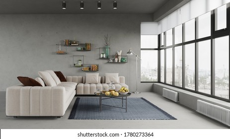 Modern Interior Design Of A Living Room In An Apartment, House, Office, Bright Modern Interior Details And Sun Rays From The Window Against The Background Of Concrete Walls.