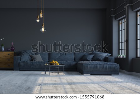 Modern interior design of a living room in an apartment, house, office, comfortable sofa, fresh flowers and bright modern interior details and sunbeams from a window on a dark wall background.