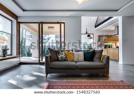 Modern interior design - livingroom with gray tile flooring