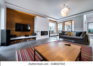 Modern interior design - livingroom with wooden wall
