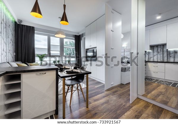 Modern Interior Design Small Apartment Bedroom Stock Image