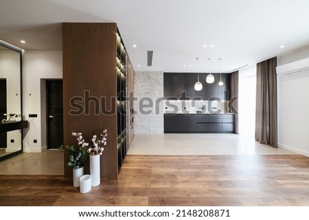 Modern interior design studio kitchen. Black furniture with kitchen