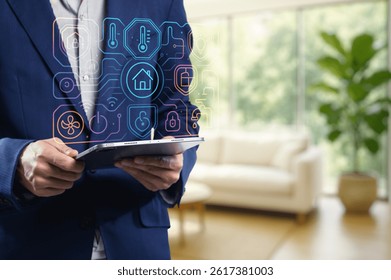 A modern interior featuring a man using a tablet to control a smart home interface. The image showcases technology integration, emphasizing user-friendly design and automation.