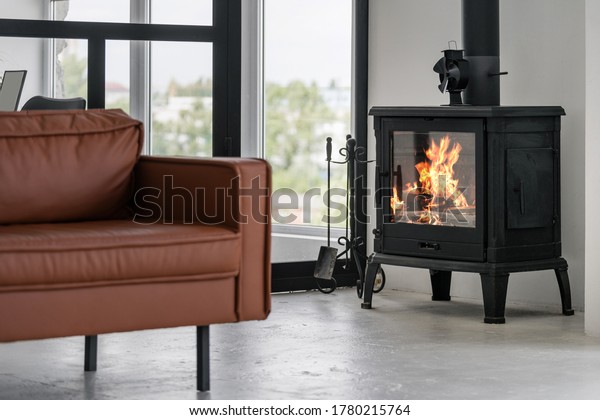 Modern interior house with bright living room,\
fire in new fireplace, comfortable leather couch on concrete floor\
against glass wall on\
background