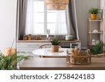 Modern interior of kitchen with dining table