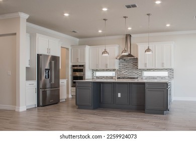 A modern interior of a kitchen in pastel colors