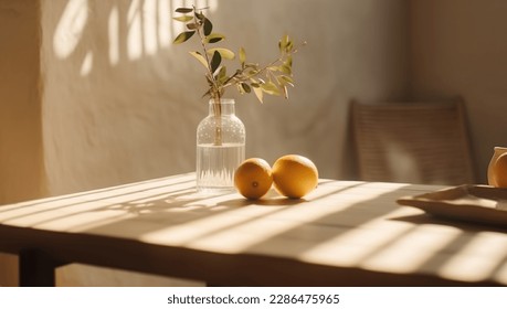 Modern interior lifestyle Mediterranean in summer scene, plant with fruit on table with light and shadow in dining room - Shutterstock ID 2286475965
